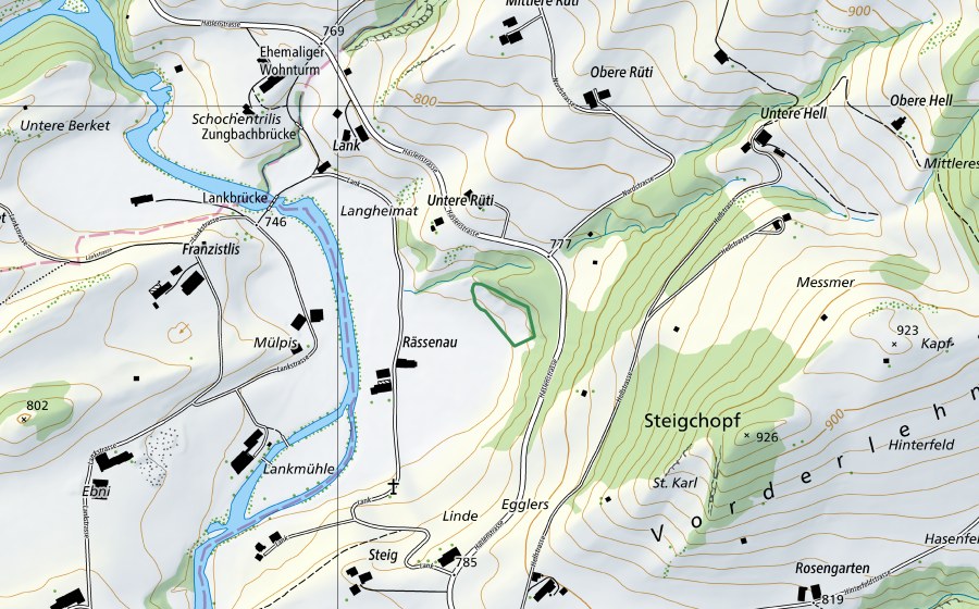 Landeskarte swisstopo mit dem Schutzperimeter von Rässenau (Naturschutzgebiet)