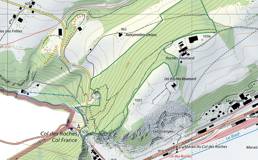 Carte nationale swisstopo avec le périmètre protégé de Roches Voumard (Réserve naturelle)