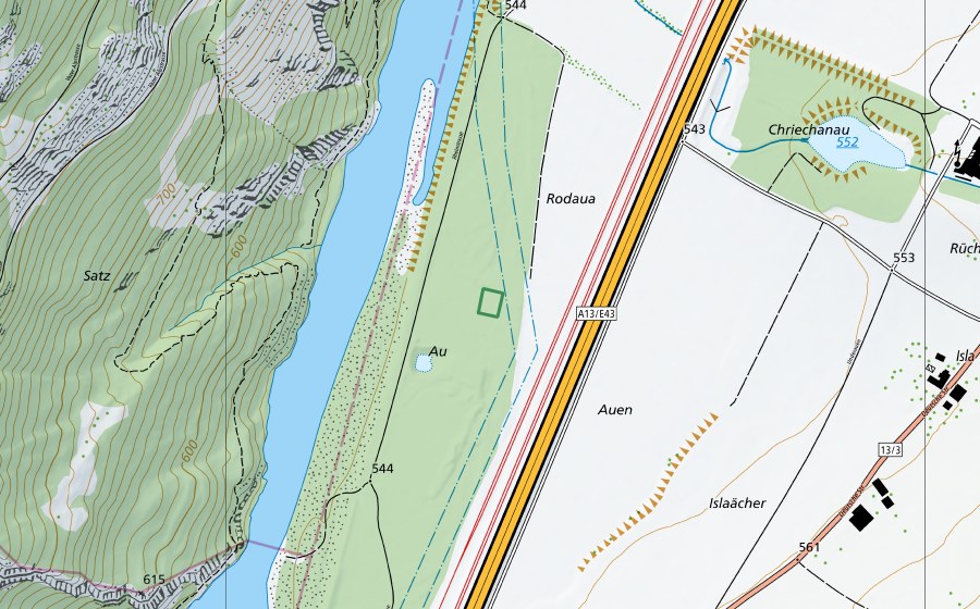 Carte nationale swisstopo avec le périmètre protégé de Rodauen (Réserve naturelle)