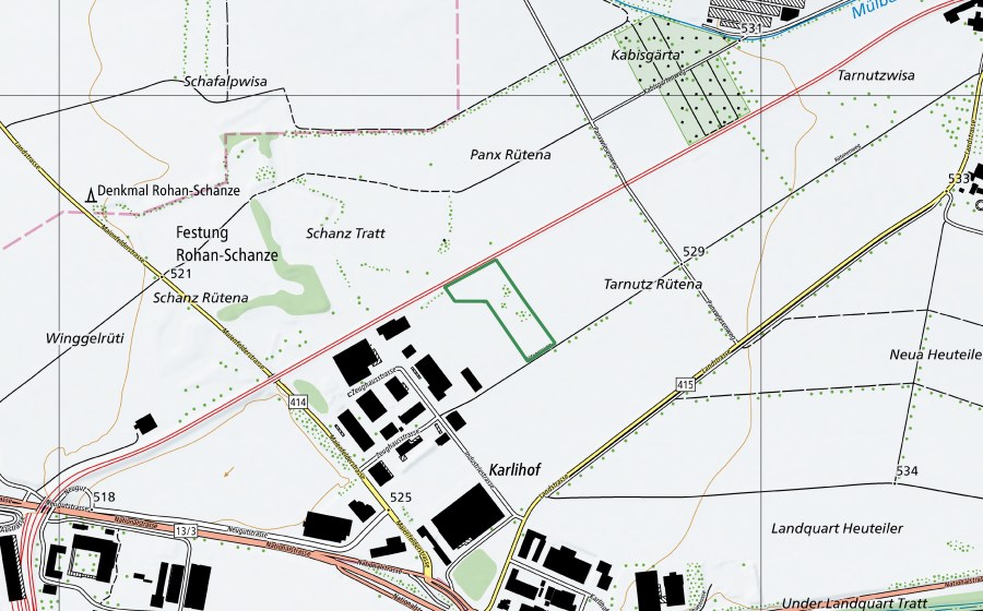 swisstopo national map showing the protected perimeter of Rohanschanze (Nature reserve)