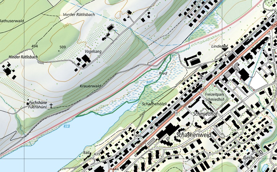 Carte nationale swisstopo avec le périmètre protégé de Rotsee (Réserve naturelle)