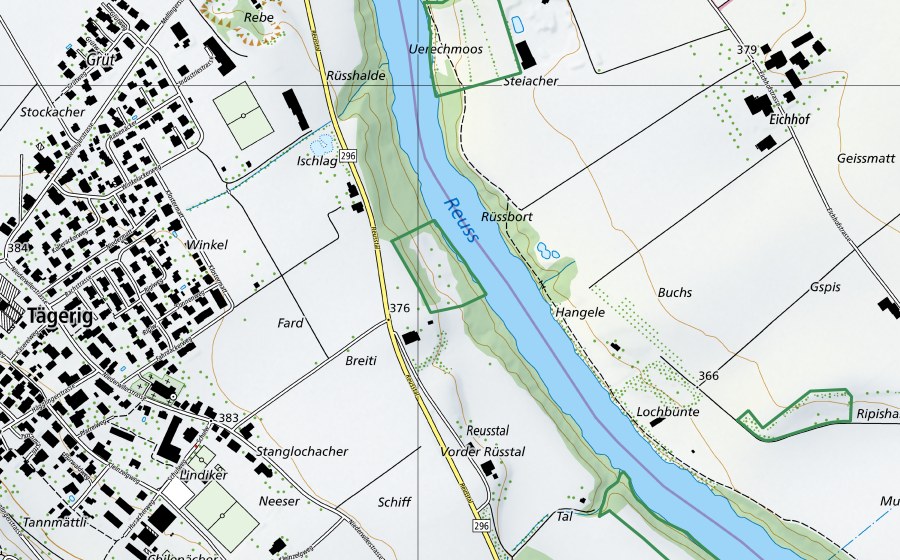 Carte nationale swisstopo avec le périmètre protégé de Rüsshalde (Réserve naturelle)