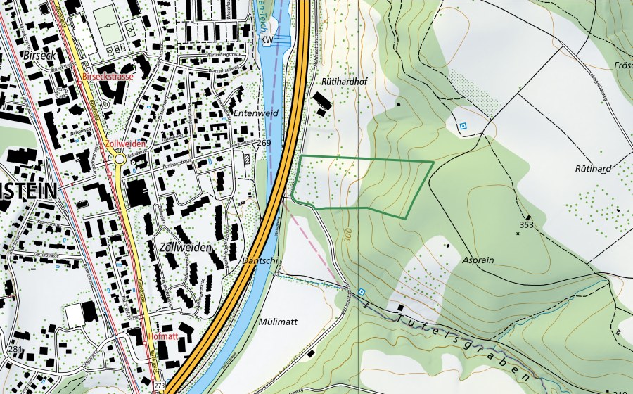 Carte nationale swisstopo avec le périmètre protégé de Rütihard (Réserve naturelle)