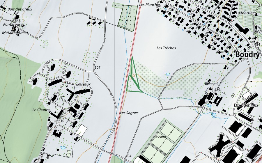 swisstopo national map showing the protected perimeter of Sagnes de Boudry (Nature reserve)