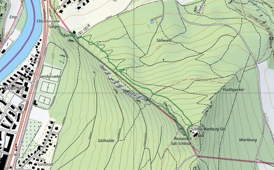 Landeskarte swisstopo mit dem Schutzperimeter von Säliwald (Naturschutzgebiet)