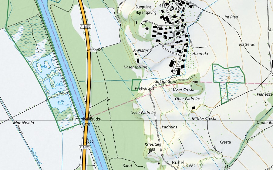 Carte nationale swisstopo avec le périmètre protégé de Sand-Pratval (Réserve naturelle)