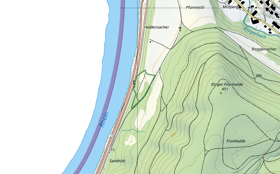 Carte nationale swisstopo avec le périmètre protégé de Sandrüti (Réserve naturelle)