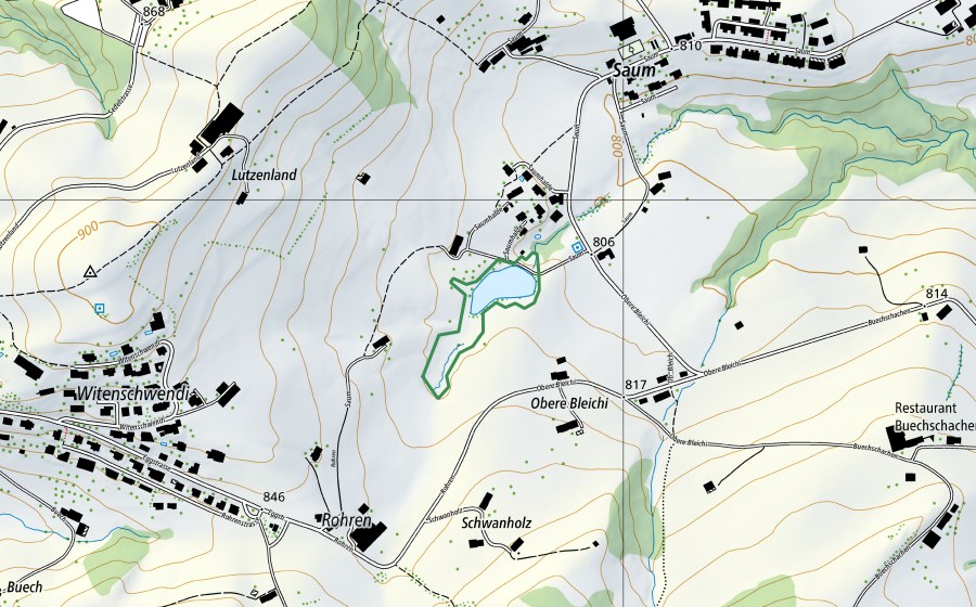 Landeskarte swisstopo mit dem Schutzperimeter von Saumweiher (Naturschutzgebiet)