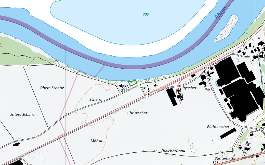 Landeskarte swisstopo mit dem Schutzperimeter von Schanz (Naturschutzgebiet)
