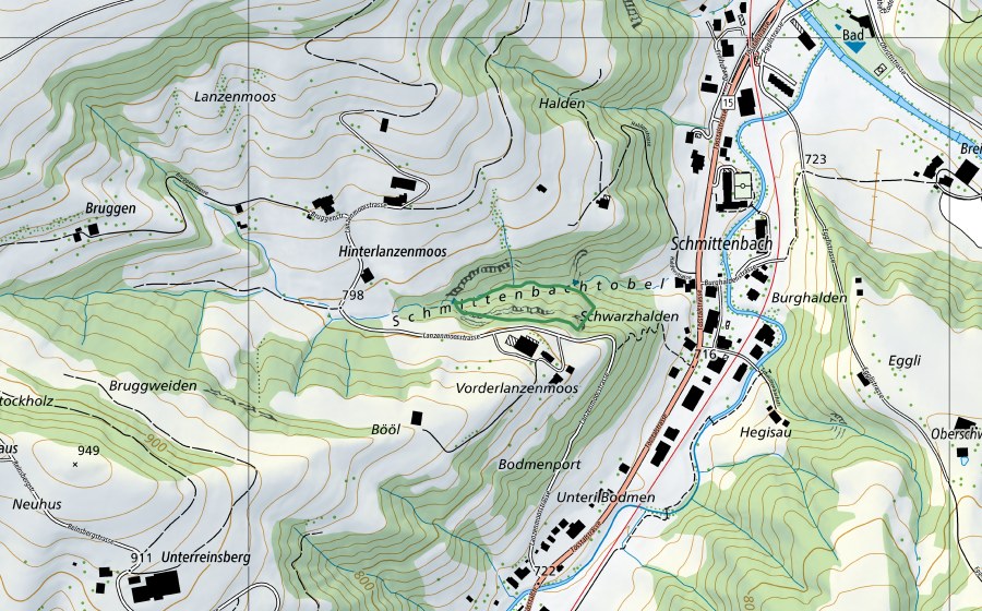 swisstopo national map showing the protected perimeter of Schmittenbachtobel (Nature reserve)