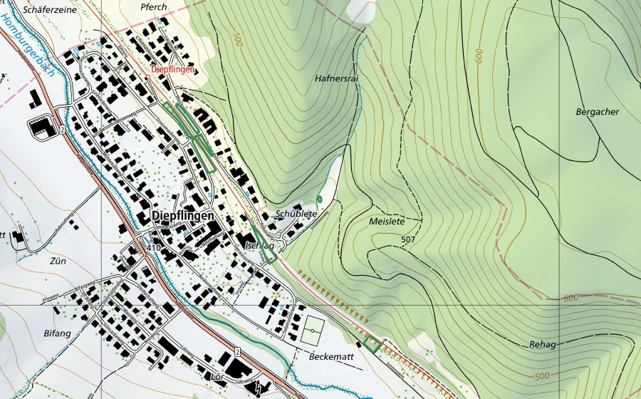 Carte nationale swisstopo avec le périmètre protégé de Schübleten Diepflingen (Réserve naturelle)