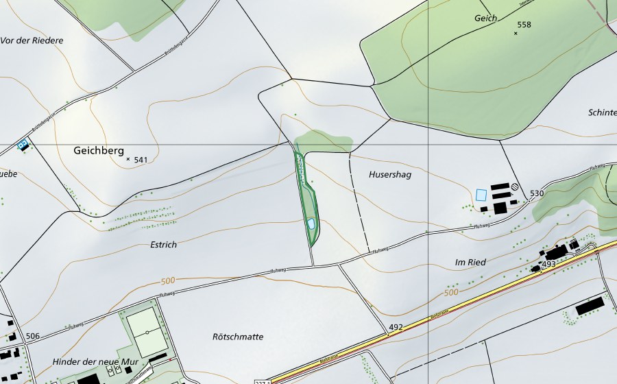 Landeskarte swisstopo mit dem Schutzperimeter von Schulbiotop Huserhag (Naturschutzgebiet)