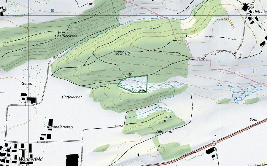 Carte nationale swisstopo avec le périmètre protégé de Seewadel (Réserve naturelle)