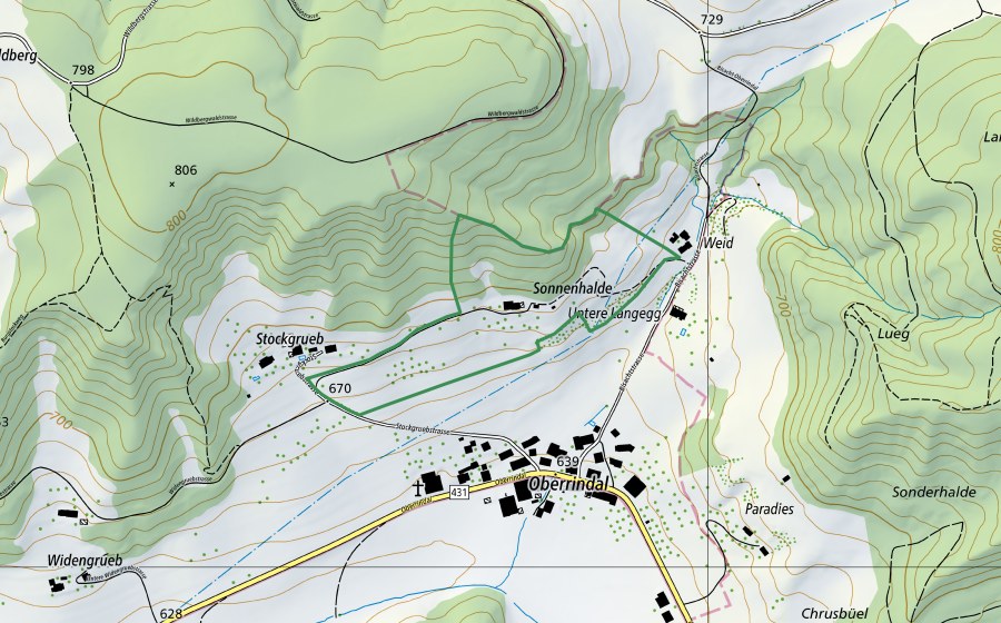 Carte nationale swisstopo avec le périmètre protégé de Sonnhalde (Réserve naturelle)