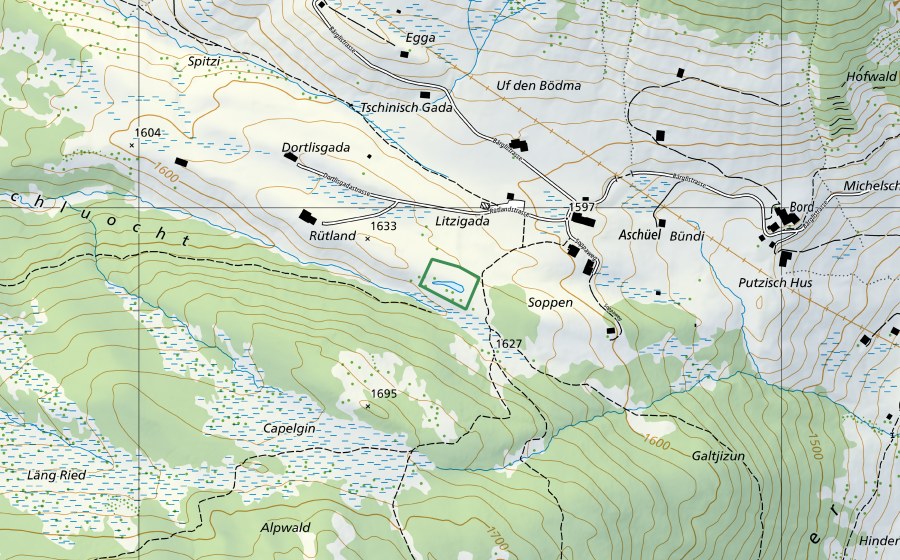 swisstopo national map showing the protected perimeter of Soppenseeli (Nature reserve)