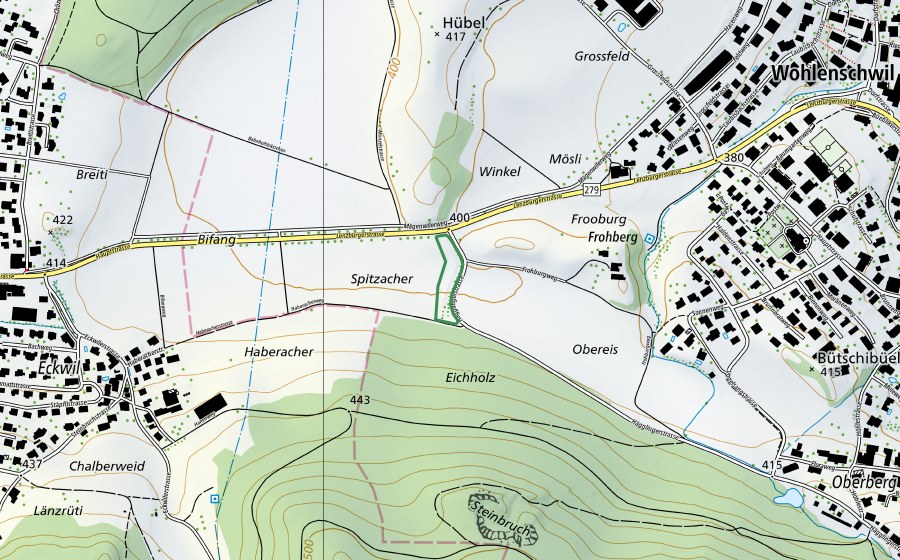 Carte nationale swisstopo avec le périmètre protégé de Spitzacher (Réserve naturelle)