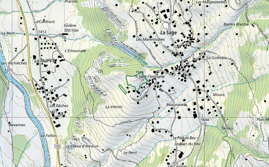 Carte nationale swisstopo avec le périmètre protégé de St. Christophe (Réserve naturelle)