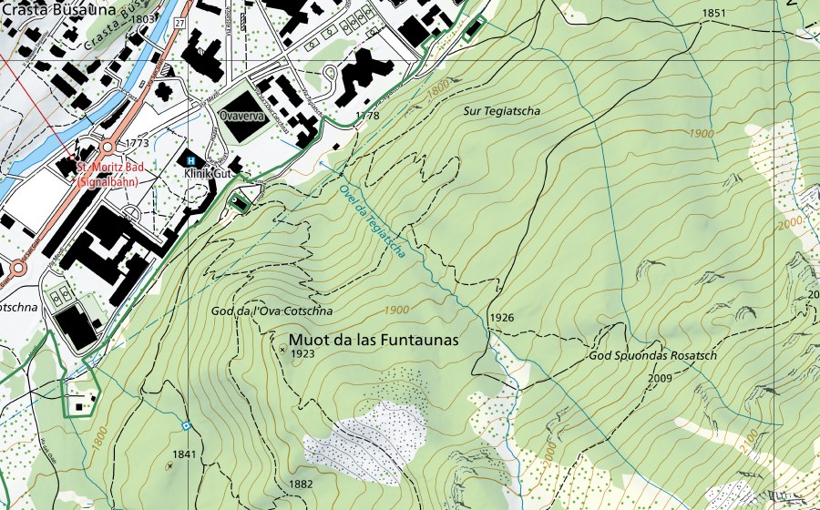 swisstopo national map showing the protected perimeter of St. Moritz Bad - Piz Rosatsch (Nature reserve)