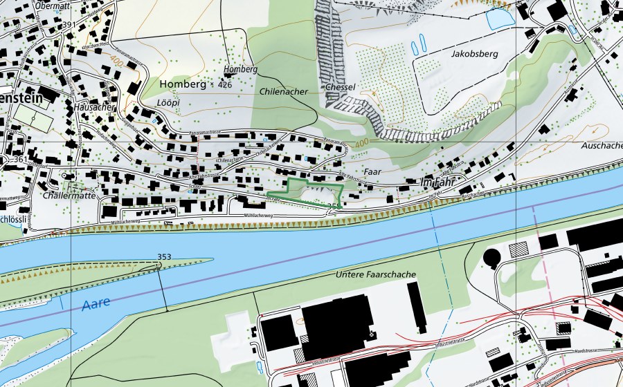 Landeskarte swisstopo mit dem Schutzperimeter von Steinbruch Fahr (Naturschutzgebiet)