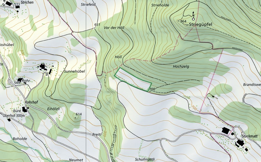 Carte nationale swisstopo avec le périmètre protégé de Stockmatt (Réserve naturelle)