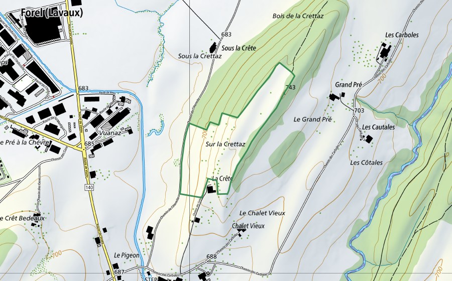 swisstopo national map showing the protected perimeter of Sur la Crettaz (Nature reserve)
