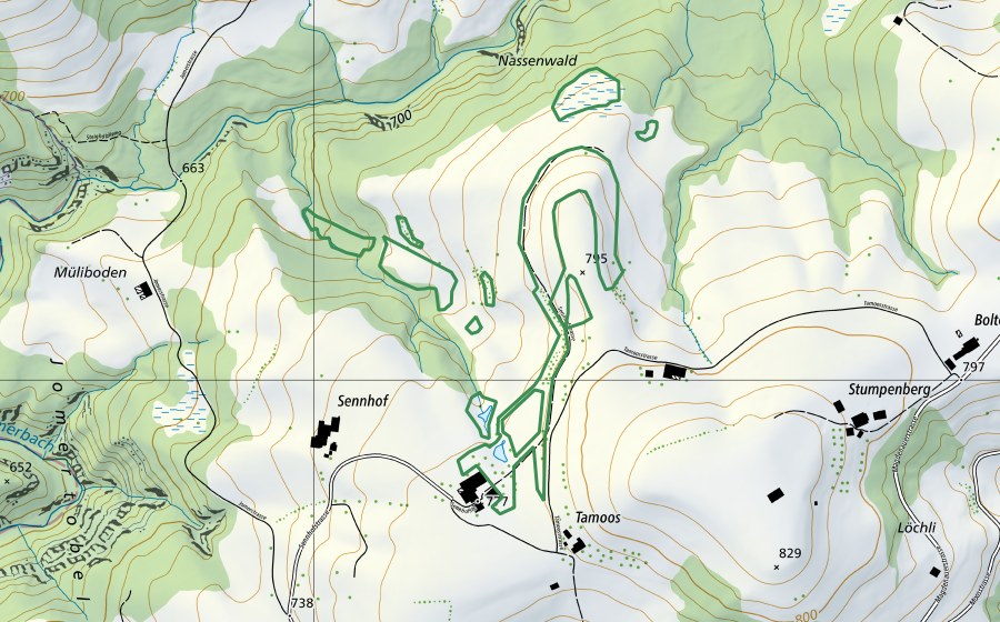 Carte nationale swisstopo avec le périmètre protégé de Tamoos, Neckertal (Réserve naturelle)