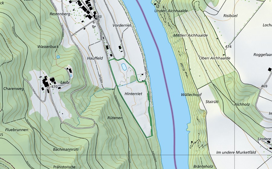 Carte nationale swisstopo avec le périmètre protégé de Tanklager (Réserve naturelle)