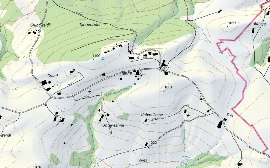 Carte nationale swisstopo avec le périmètre protégé de Tanne (Réserve naturelle)