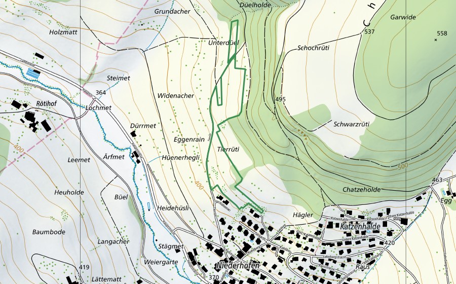 swisstopo national map showing the protected perimeter of Tierrüti Zuzgen (Nature reserve)