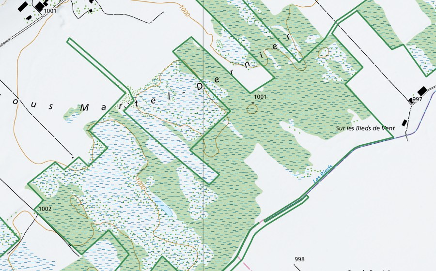 Carte nationale swisstopo avec le périmètre protégé de Tourbières des Ponts-de-Martel (Réserve naturelle)