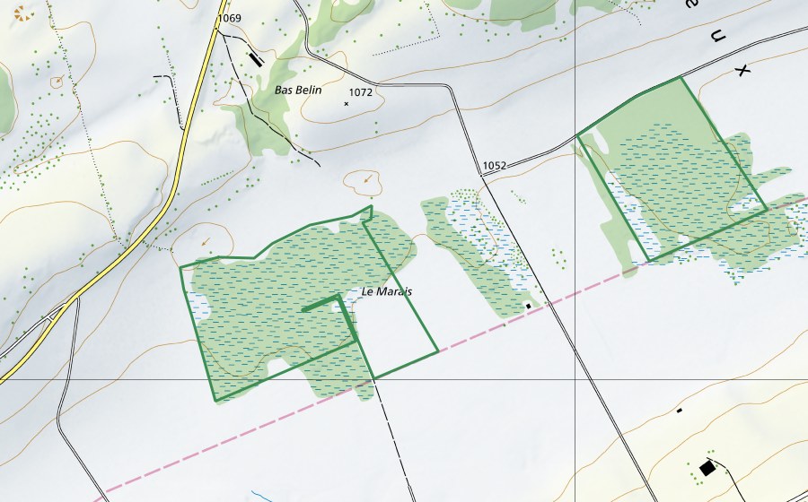 Landeskarte swisstopo mit dem Schutzperimeter von Tourbières du Cachot (Naturschutzgebiet)
