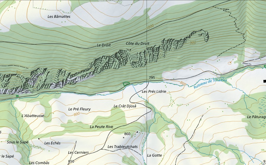 swisstopo national map showing the protected perimeter of Tschaibez (Nature reserve)