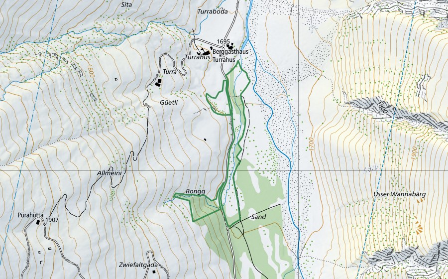 swisstopo national map showing the protected perimeter of Turra (Nature reserve)