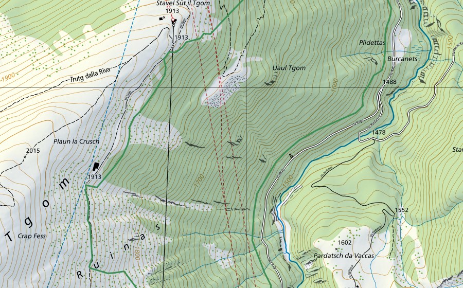 Landeskarte swisstopo mit dem Schutzperimeter von Uaul Prau Nausch (Naturschutzgebiet)
