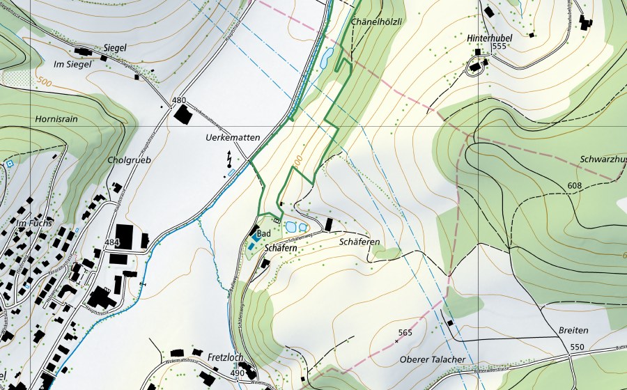 swisstopo national map showing the protected perimeter of Uerkeweiher (Nature reserve)