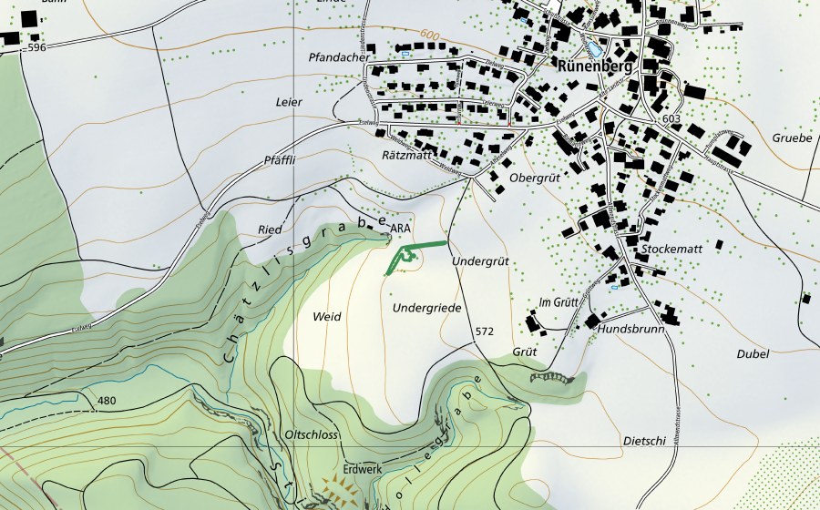 swisstopo national map showing the protected perimeter of Under Grieden (Nature reserve)