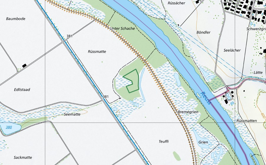 swisstopo national map showing the protected perimeter of Unter Schache, Aristau (Nature reserve)