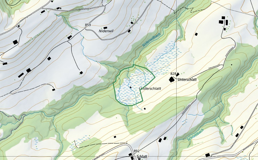 Landeskarte swisstopo mit dem Schutzperimeter von Unterschlatt (Naturschutzgebiet)