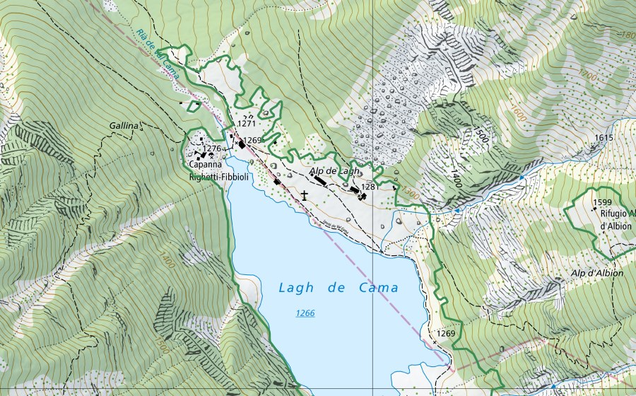 Landeskarte swisstopo mit dem Schutzperimeter von Val Cama - Val Leggia - Val Grono (Naturschutzgebiet)