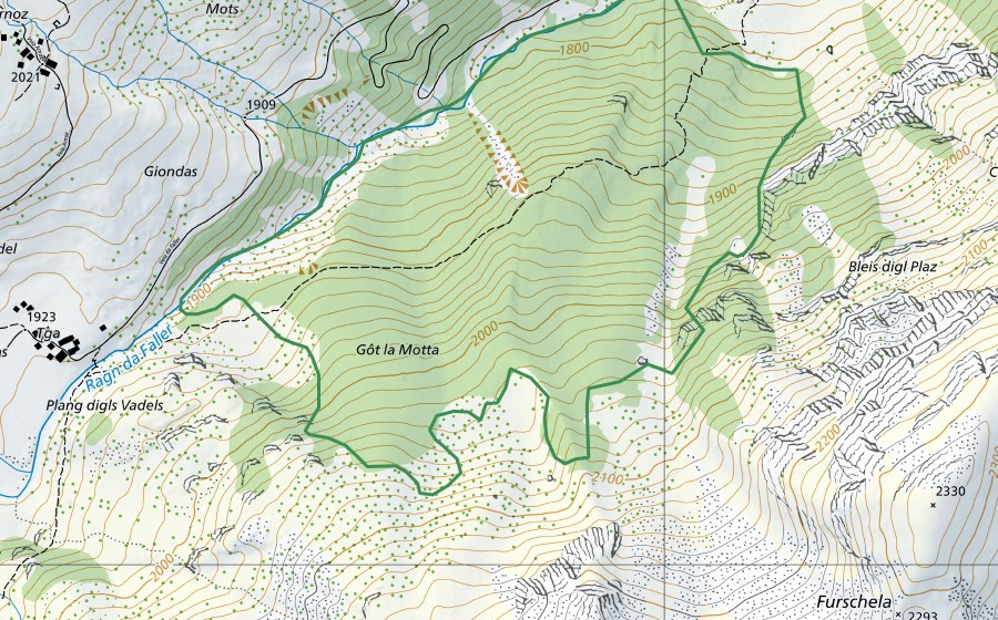 swisstopo national map showing the protected perimeter of Val Faller (Nature reserve)