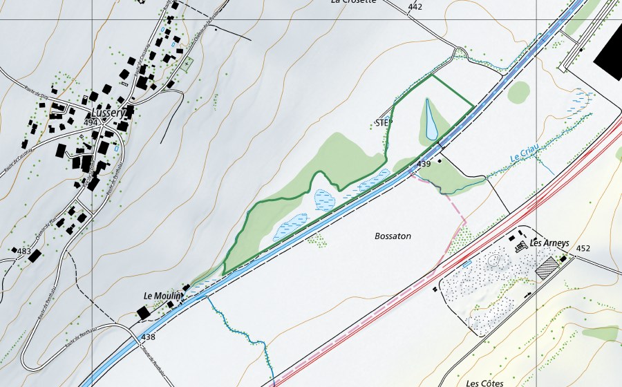 Carte nationale swisstopo avec le périmètre protégé de Venoge, Moulin de Lussery (Réserve naturelle)