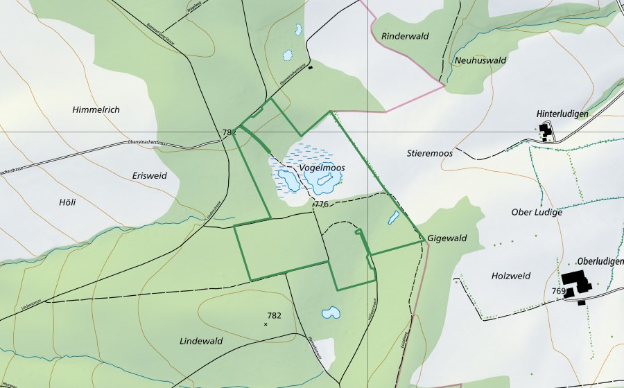 Carte nationale swisstopo avec le périmètre protégé de Vogelmoos (Réserve naturelle)