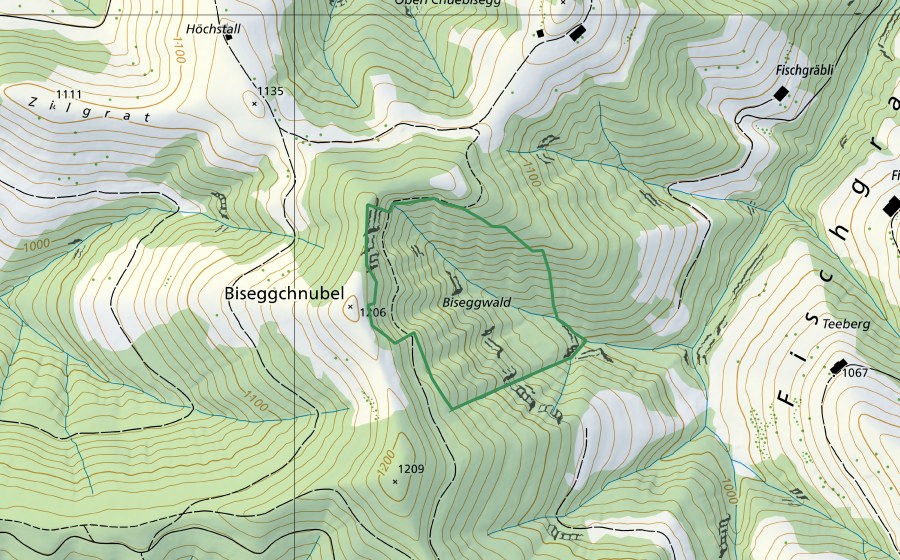 Carte nationale swisstopo avec le périmètre protégé de Waldreservat Biseggwald (Réserve naturelle)