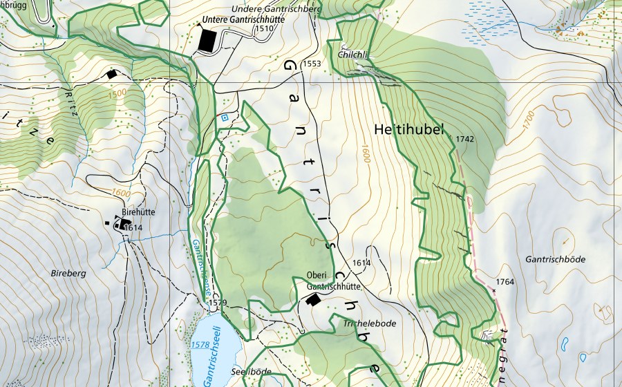 Carte nationale swisstopo avec le périmètre protégé de Waldreservat Gantrischberg (Réserve naturelle)