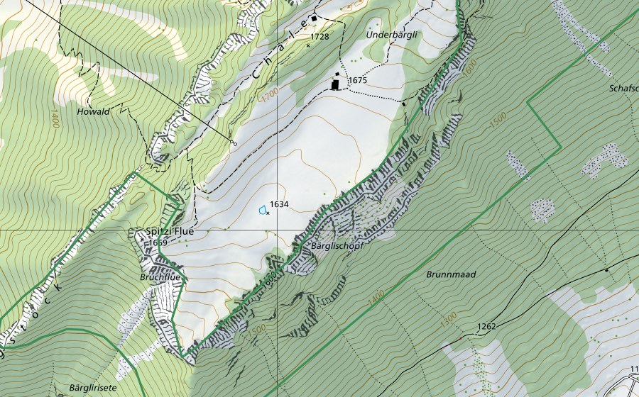 Landeskarte swisstopo mit dem Schutzperimeter von Waldreservat Justistal (Naturschutzgebiet)