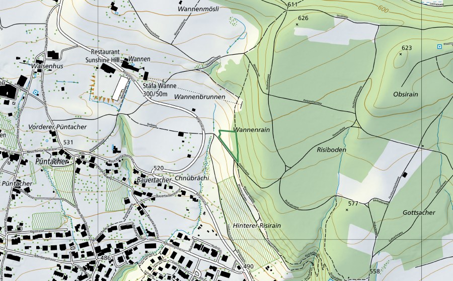 Landeskarte swisstopo mit dem Schutzperimeter von Wannenbrunnen (Naturschutzgebiet)