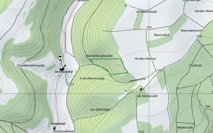 Carte nationale swisstopo avec le périmètre protégé de ​Wannestaaghaalde (Réserve naturelle)