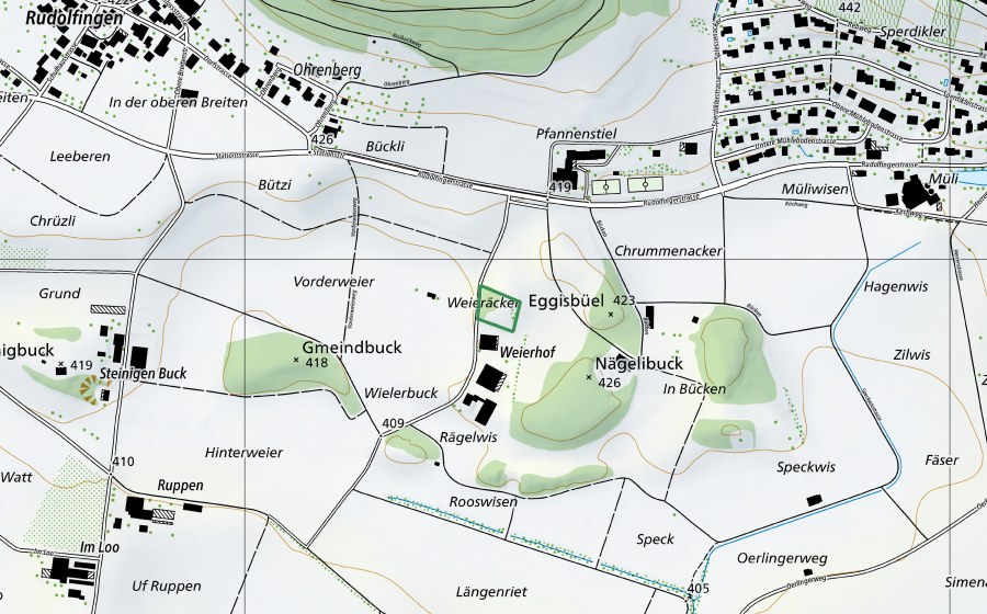 Landeskarte swisstopo mit dem Schutzperimeter von Weieräcker (Naturschutzgebiet)