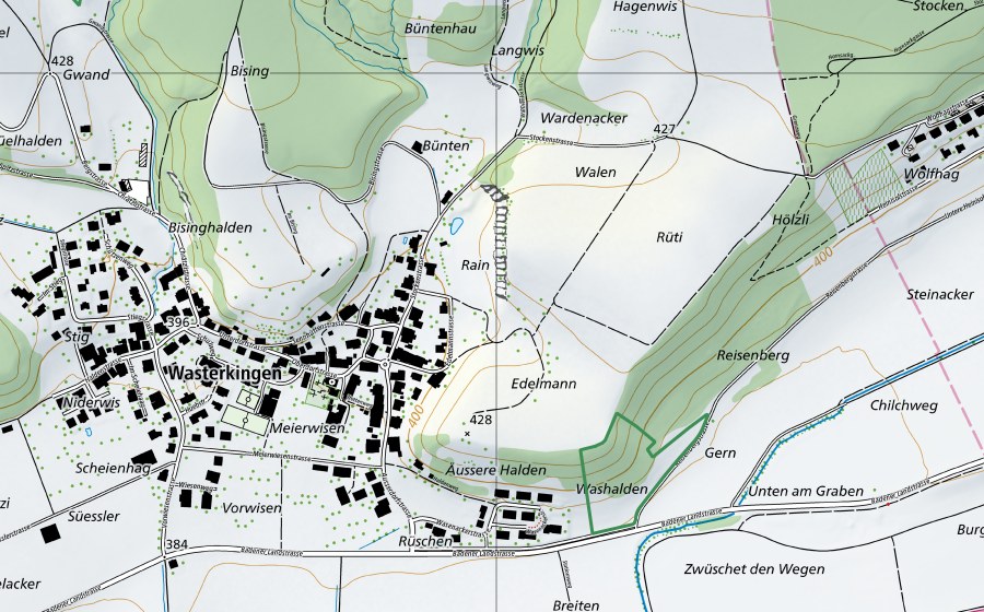 Carte nationale swisstopo avec le périmètre protégé de Wiesen Wasterkingen (Réserve naturelle)