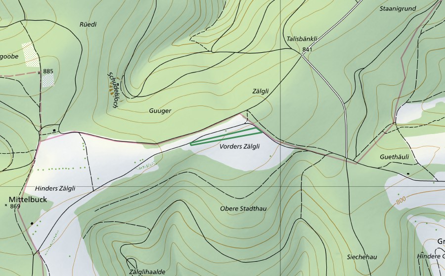 Carte nationale swisstopo avec le périmètre protégé de Zälgli (Réserve naturelle)